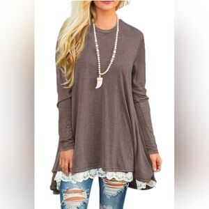 Sanifer Women Lace Long Sleeve Tunic Top Blouse In Coffee Brown NWT